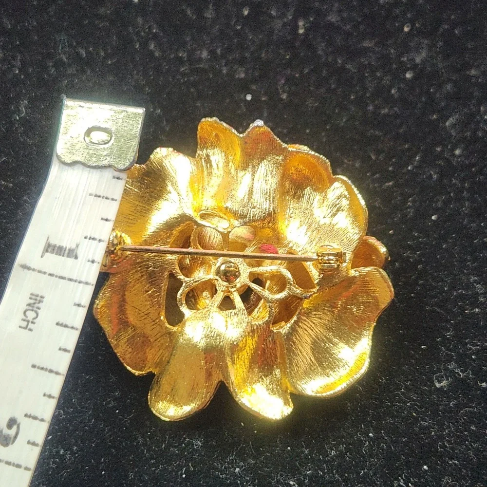 Vintage Gold Tone Textured Rose Brooch Rhinestone Floral Pin 1.75 Inch